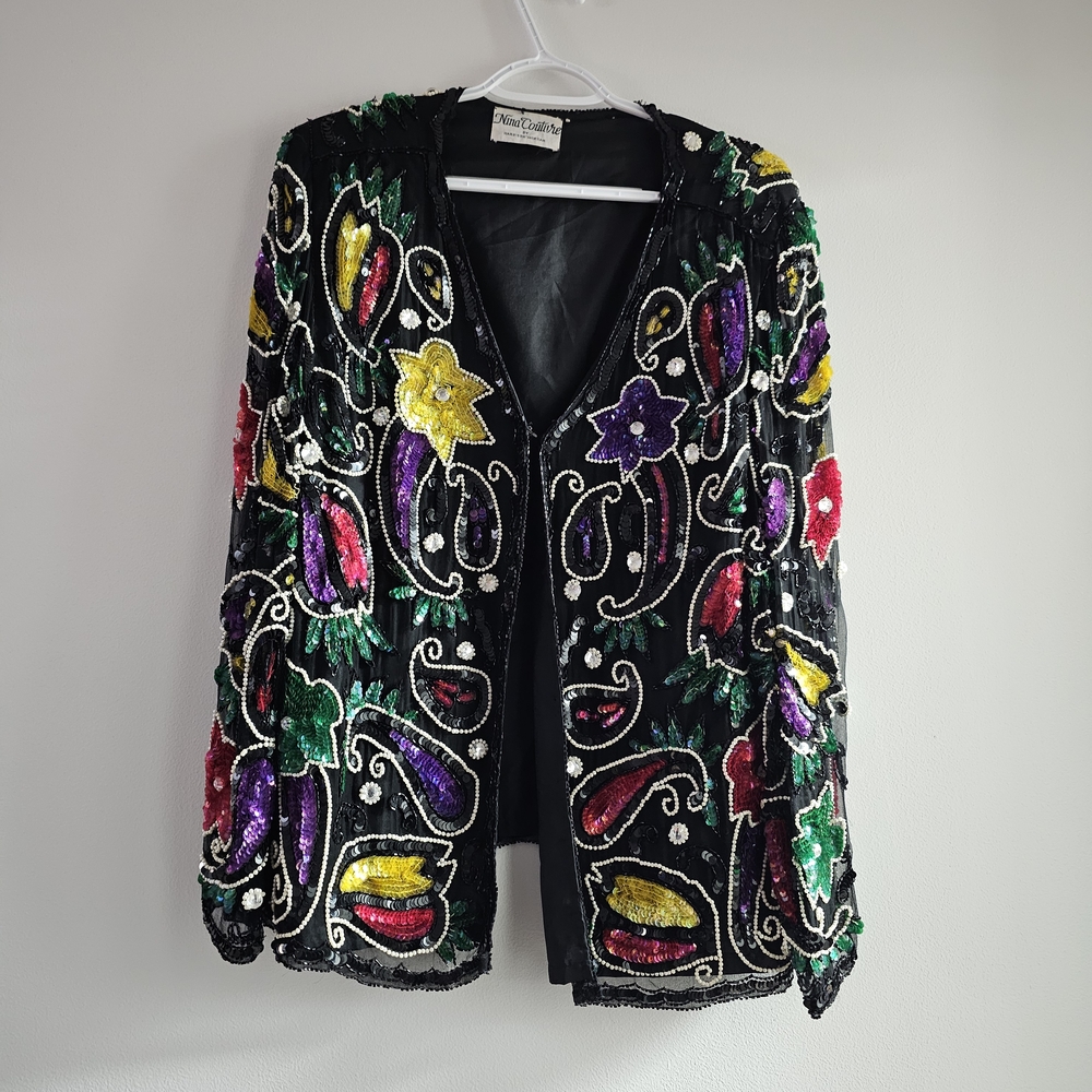 Colorful Sequin Blazer Whimsigoth Beaded 80s Vintage Paisley Floral Mesh Party